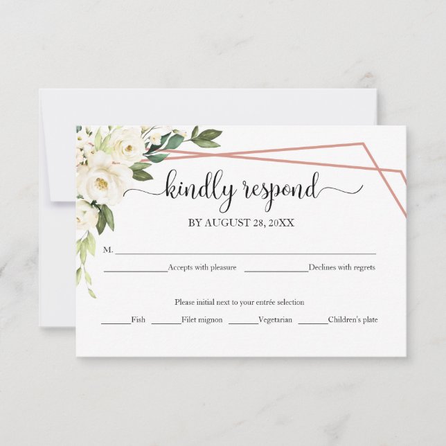 Elegant White Floral Geometric Wedding  RSVP Card (Front)