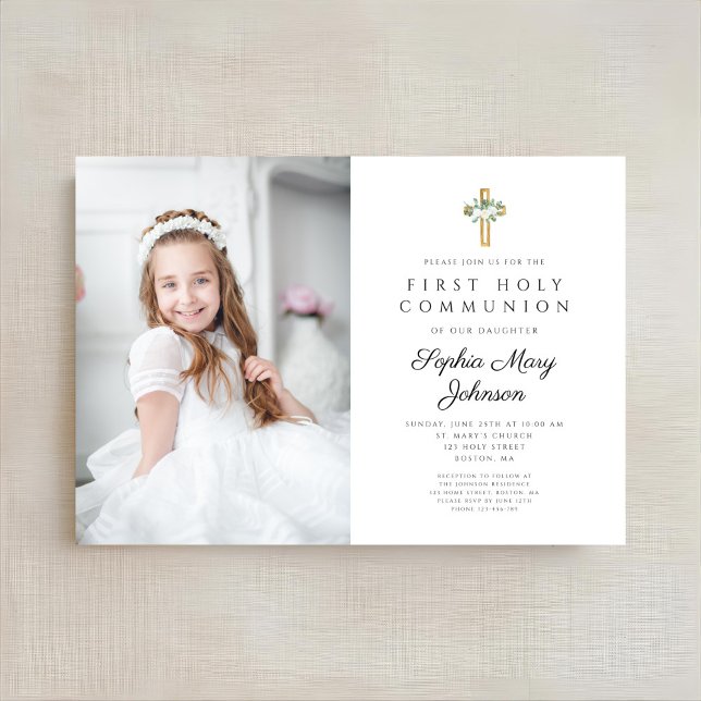 Elegant White Floral Girl First Communion Photo Invitation (Elegant White Floral Girl First Communion Photo Invitation)