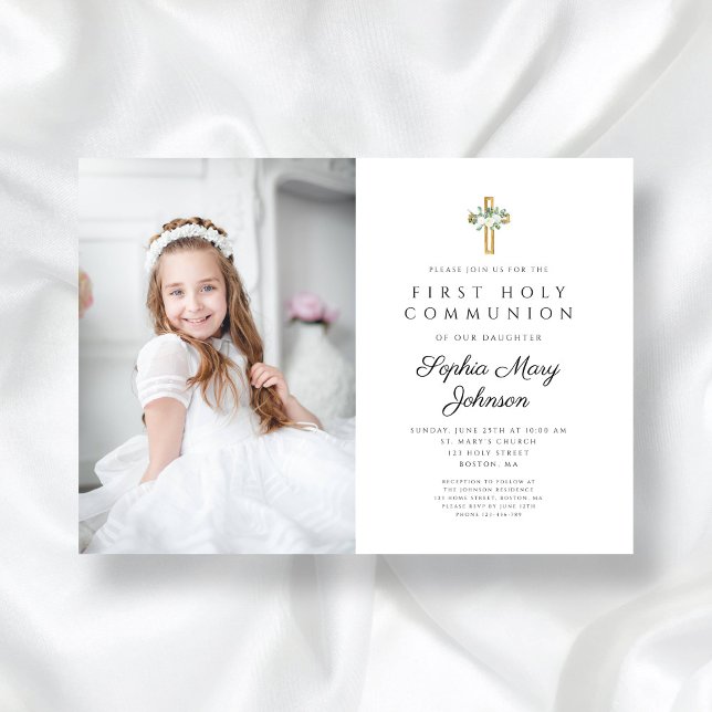 Elegant White Floral Girl First Communion Photo Invitation (Elegant White Floral Girl First Communion Photo Invitation)