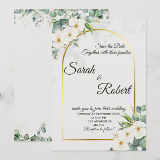 Elegant White Floral Gold Arch Wedding Invitation