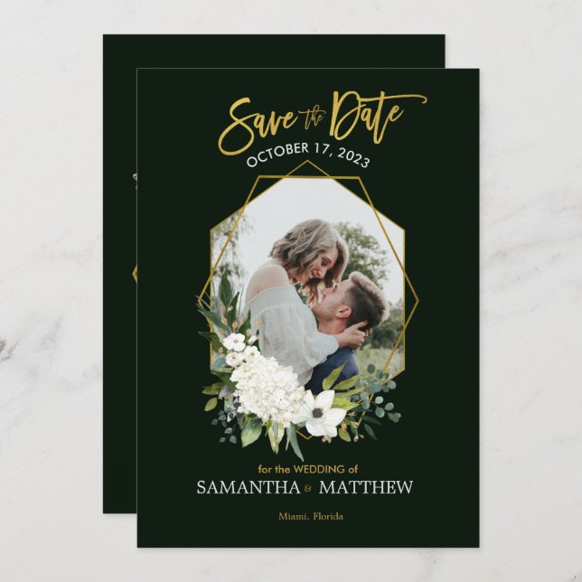 Elegant White Floral Gold Black Geometric Photo Save The Date (Front/Back)