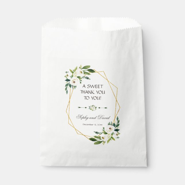 Elegant White Floral Gold Frame THANK YOU Favour Bag (Front)
