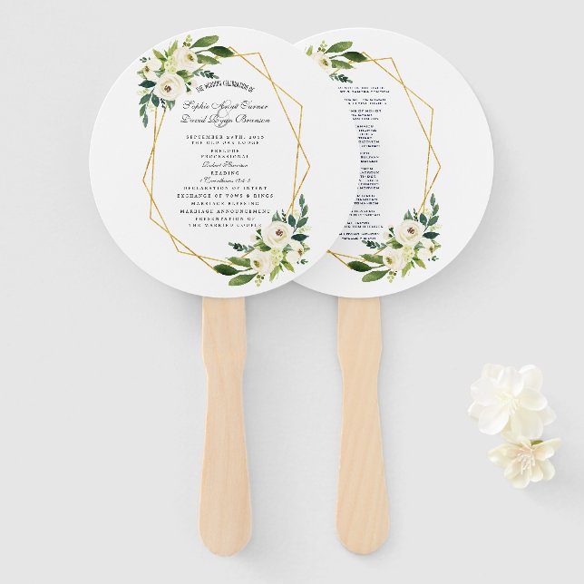 Elegant White Floral Gold Frame Wedding Program Hand Fan (Front and Back)