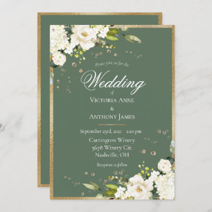 Elegant White Floral Gold Green Wedding  Invitation