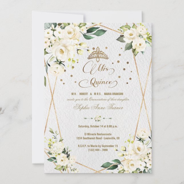Elegant White Floral Gold Mis Quince Quinceañera Invitation (Front)