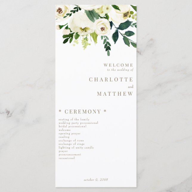 Elegant White Floral Gold Text Wedding Program (Front)