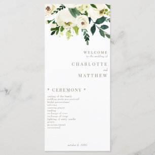 Elegant White Floral Gold Text Wedding Program