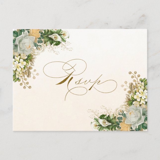 Elegant White Floral Gold Wedding RSVP Invitation Postcard (Front)