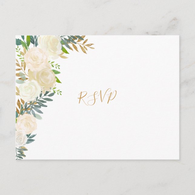Elegant white floral gold wedding rsvp reply card (Front)