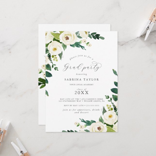 Elegant White Floral Grad Party Invitation (Front/Back In Situ)