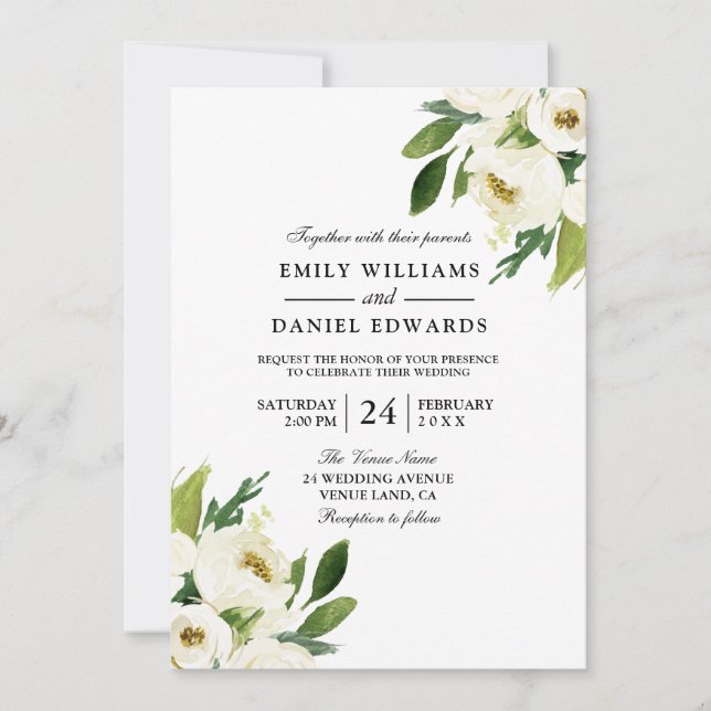 Elegant White Floral Green Leaf Wedding Invitation (Front)