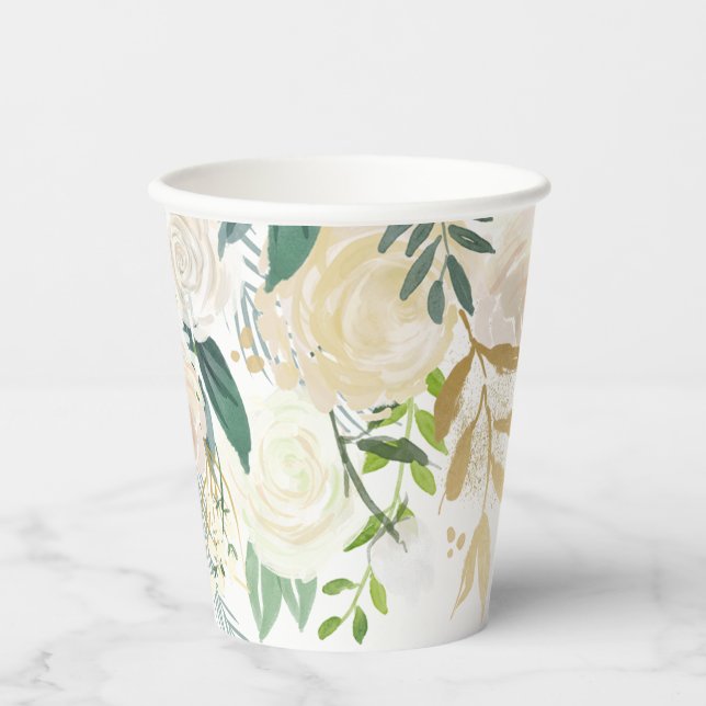 Elegant White Floral Greenery and gold Paper Cups (Front)