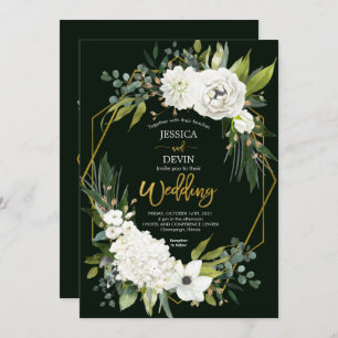 Elegant White Floral Greenery Gold Frame Wedding Invitation