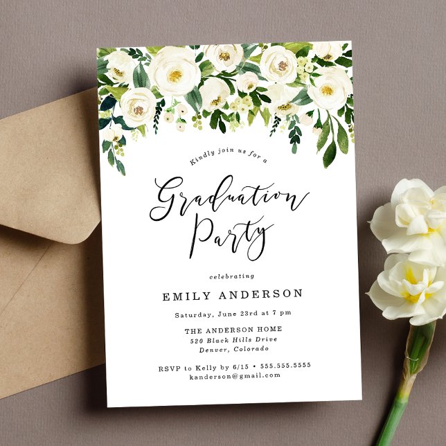 Elegant White Floral Greenery Graduation Party Invitation (Creator Uploaded)