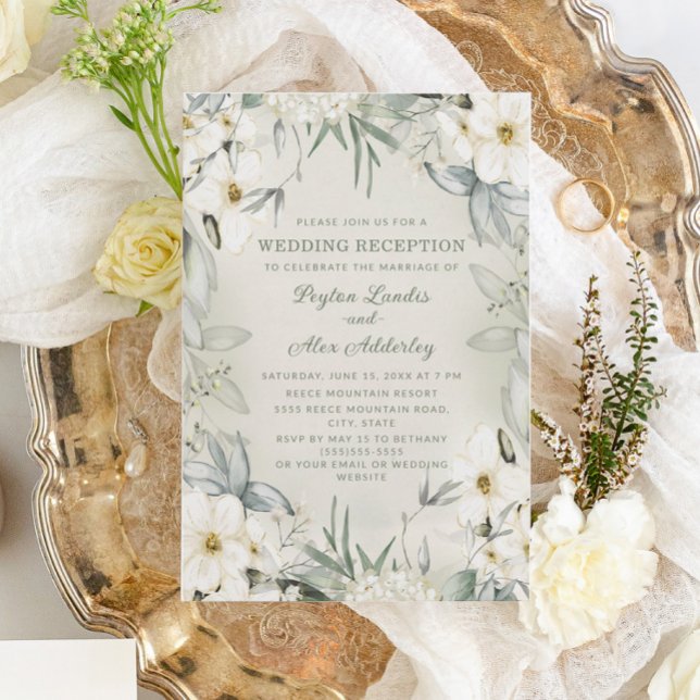Elegant White Floral Greenery Wedding Reception Invitation (Creator Uploaded)