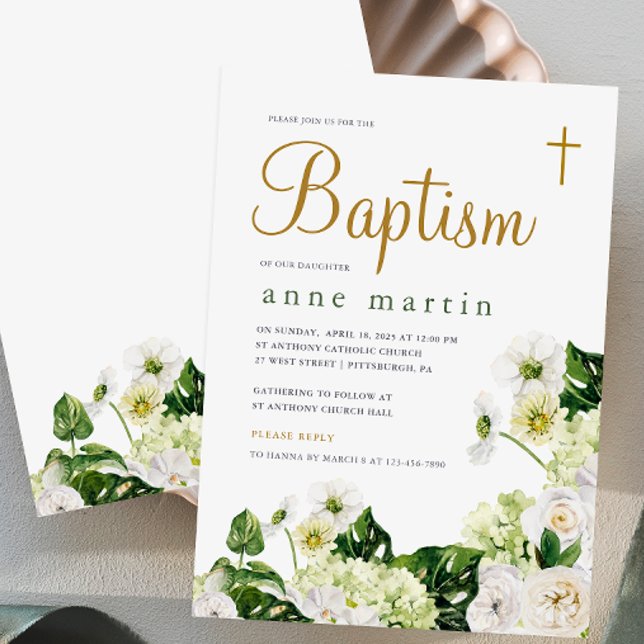 Elegant White Floral Greenery with Cross Baptism Invitation (Creator Uploaded)