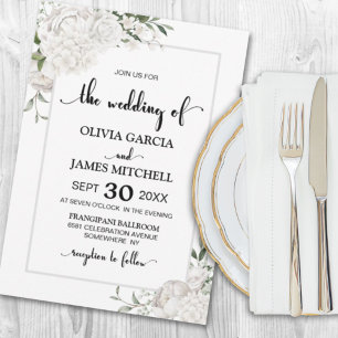 Elegant White Floral Grey Border Wedding Invitation