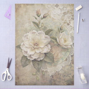 Elegant White Floral Grunge Decoupage Tissue Paper