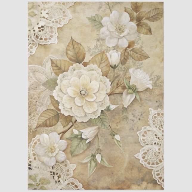 Elegant White Floral Grunge Decoupage Tissue Paper (Front)