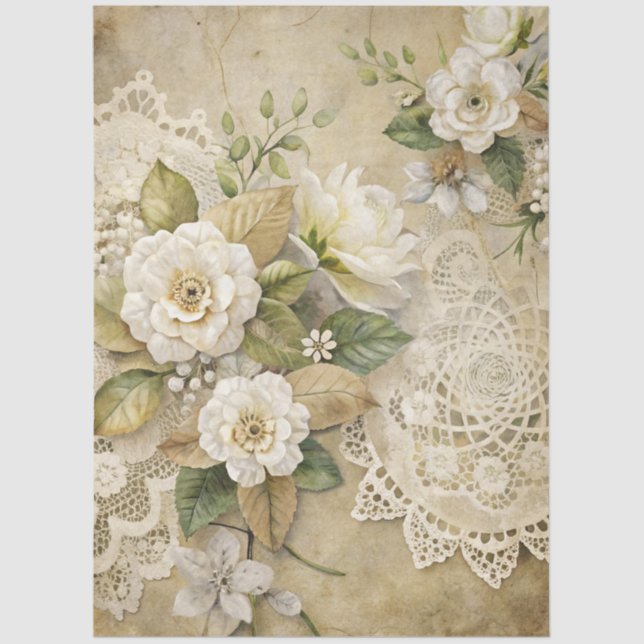 Elegant White Floral Grunge Decoupage Tissue Paper (Front)