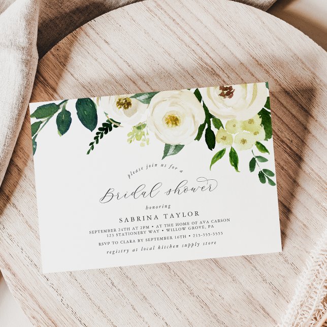 Elegant White Floral Horizontal Bridal Shower Invitation (Creator Uploaded)
