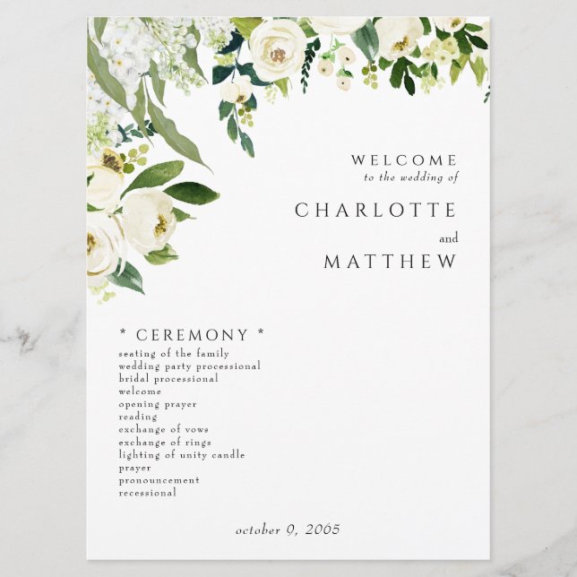 Elegant White Floral II Wedding Program (Front)