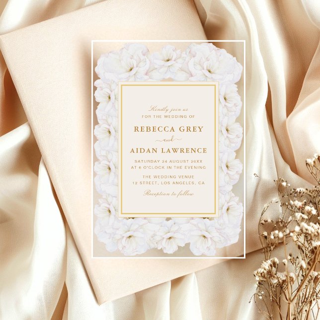 Elegant White Floral Ivory Gold Border Wedding Acrylic Invitations (Creator Uploaded)