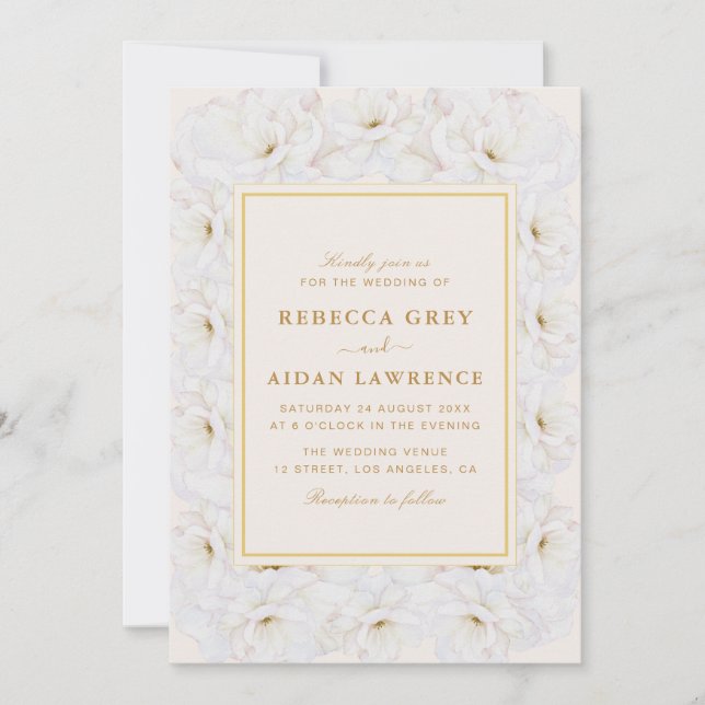 Elegant White Floral Ivory Gold Border Wedding Invitation (Front)