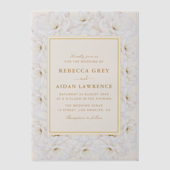 Elegant White Floral Ivory Gold Border Wedding Vellum Invitations (Front)