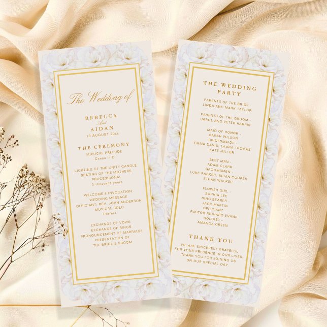 Elegant White Floral Ivory Gold Wedding Program (Creator Uploaded)