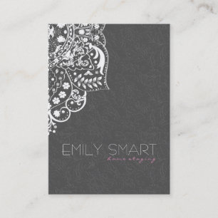 Elegant White Floral Lace & Grey Damask Business Card