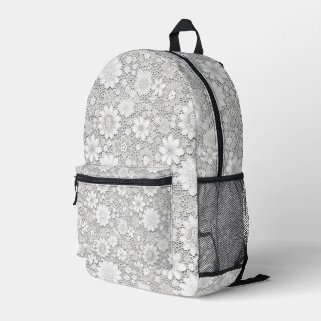 Elegant white floral lace pattern printed backpack (Back Corner Right)