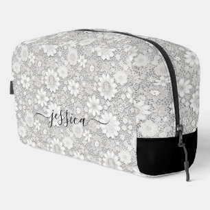 Elegant white floral lace pattern script name dopp kit