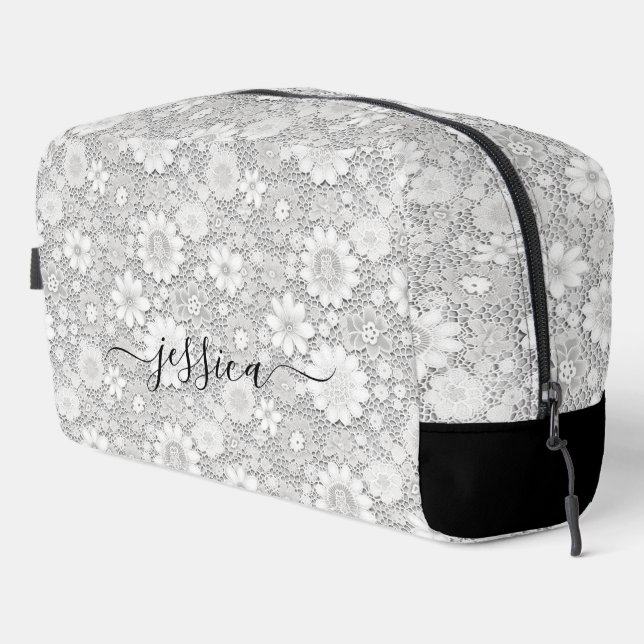 Elegant white floral lace pattern script name dopp kit (Right Corner)