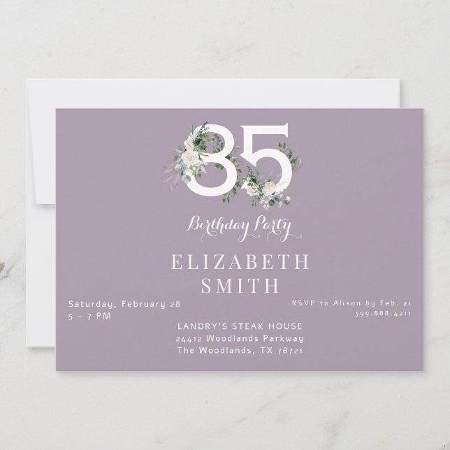 Elegant White Floral Lavender 85th Birthday II Invitation (Front)