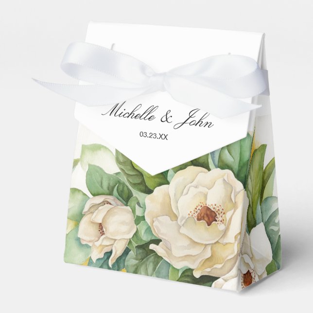 Elegant White Floral Magnolia Name Script Favour Box (Front Side)