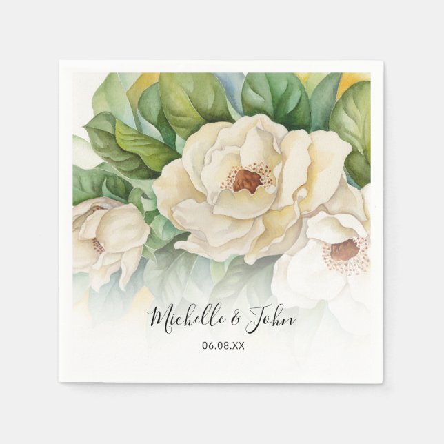 Elegant White Floral Magnolia Name Script Wedding Napkin (Front)