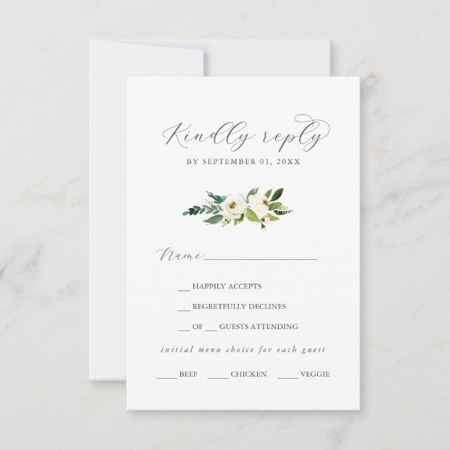 Elegant White Floral Menu Choice RSVP Card (Front)