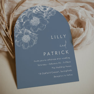 Elegant White Floral Modern Blue Wedding Invitation