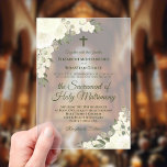 Elegant White Floral Modern Catholic Wedding Acrylic Invitations<br><div class="desc">These beautiful acrylic wedding invitations feature an elegant yet rustic boho chic design with fancy script lettering and hand painted watercolor roses & blossoms in shades of ivory, white, and cream, along with sprigs of eucalyptus and garden greenery. There is a crucifix or cross and the wording invites your guests...</div>