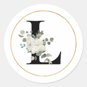 Elegant White Floral Monogram Letter L on White   Classic Round Sticker