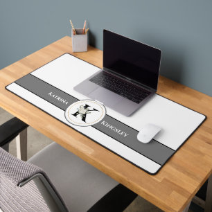 Elegant White Floral Monogram & Name on White Desk Mat