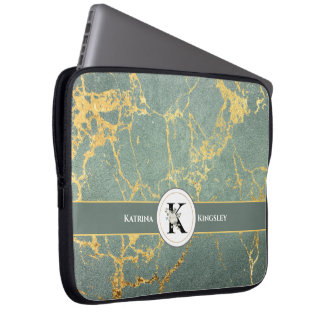 Elegant White Floral Monogram & Name Teal Marble Laptop Sleeve