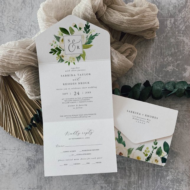 Elegant White Floral Monogram Wedding All In One Invitation (Creator Uploaded)