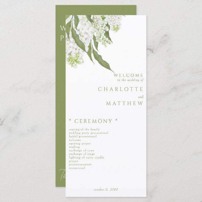 Elegant White Floral Moss Green Wedding Program (Front/Back)