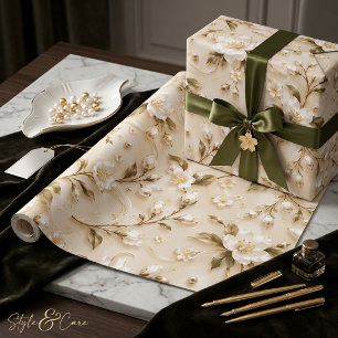 Elegant White Floral Olive Gold Botanical Pattern Wrapping Paper