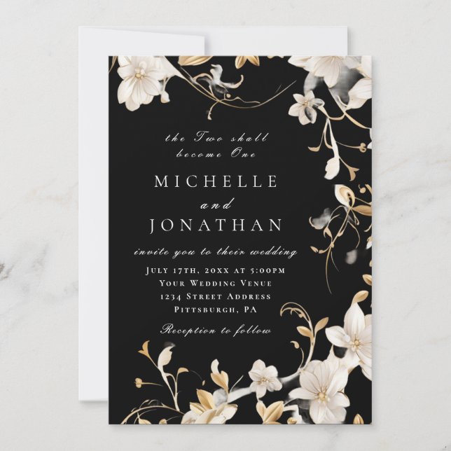 Elegant White Floral on Black Christian Wedding Invitation (Front)