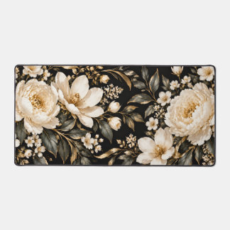 Elegant White Floral on Black Desk Mat