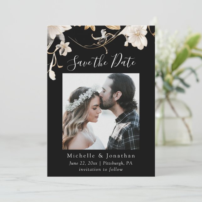 Elegant White Floral on Black Photo Wedding Bible Save The Date (Standing Front)