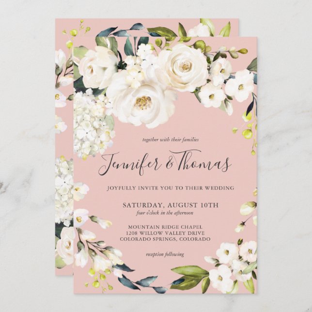 Elegant White Floral on Blush Pink Wedding Invitation (Front/Back)
